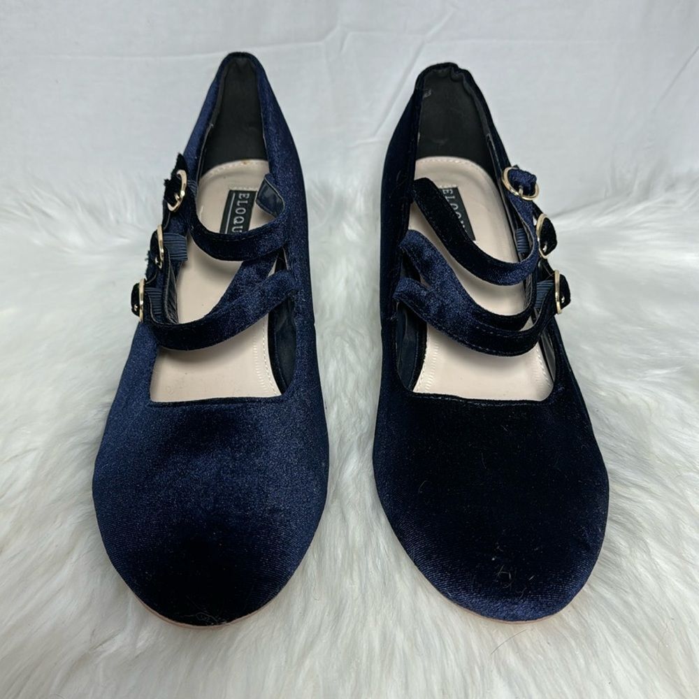 Eloquii Blue Faux Velvet Triple Strap Mary Jane Heels Sz 12 WIDE‎ WIDTH